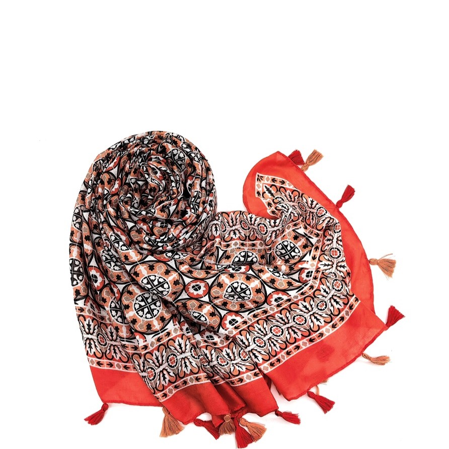 Foulard imprimé mosaïque avec pompons bicolores – Image 2